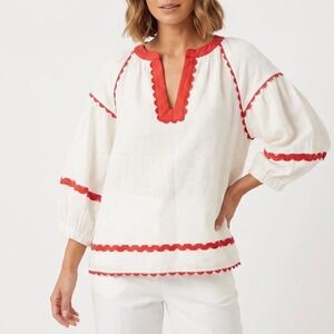 Rose and Rose Ivory Red Ric-Rac Trim Cotton Gauze Peasant Blouse Small Boho Top